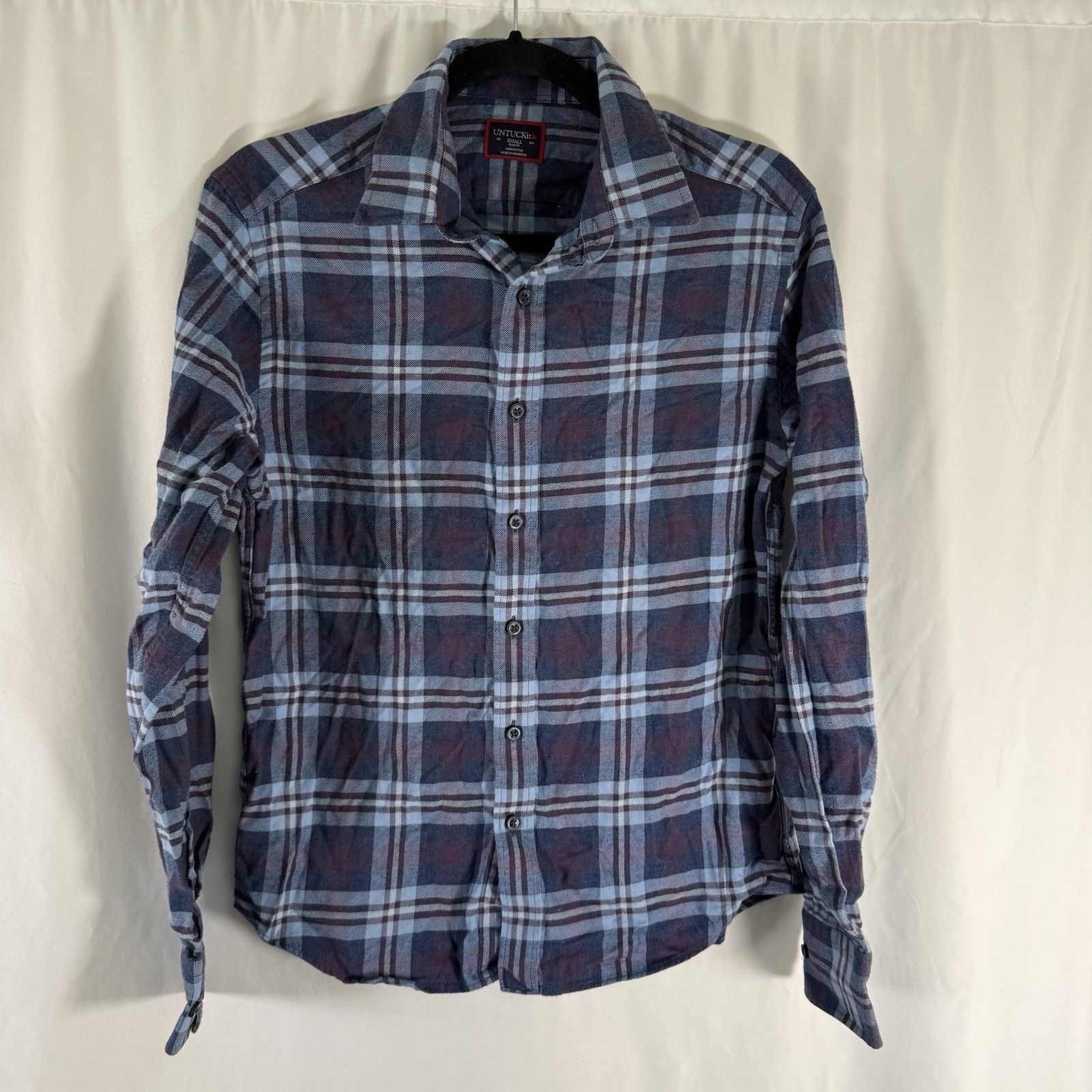 Untuckit Flannel Shirt Men's Small Blue Plaid Slim Fit Button Down Long Sleeve